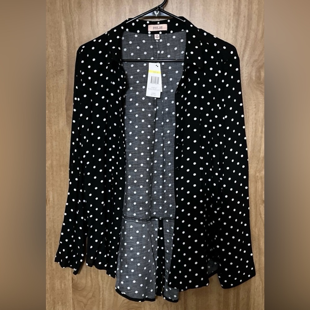 Pre se blouse long sleeve black with white dots size medium. NWT.